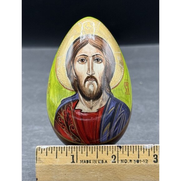 VTG Hand Carved Turned Solid Wood Lacquered Russian Orthodox Icon Egg W/ Stand - Picture 2 of 5